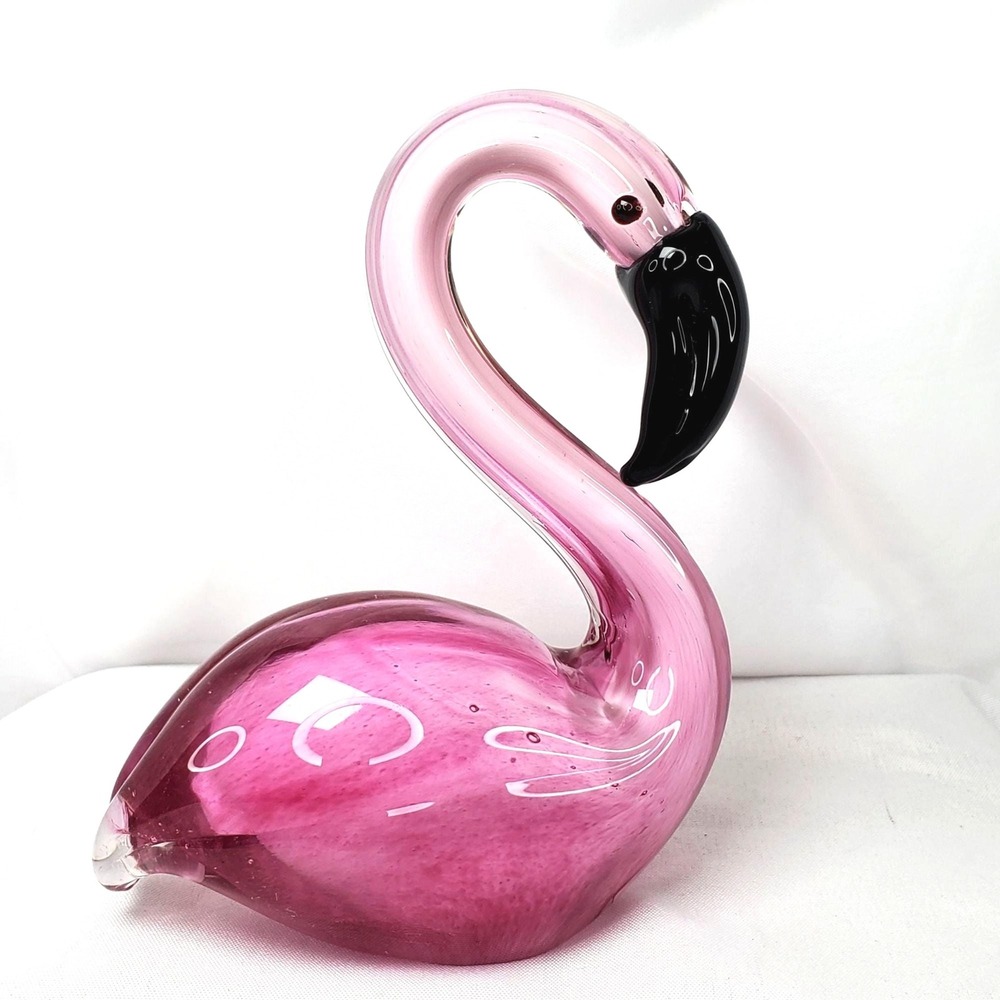 Hand-Blown Pink Glass Flamingo Figurine 6 Inches Tall Decorative Art Sculpture